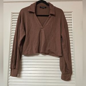 Mixed Threads - Brown Long-Sleeve Waffle Knit Material Crop Top